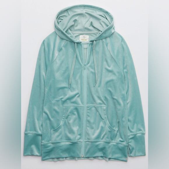Aerie Soft Velvet Turquoise Full Zip Hooded Long Sleeve Jacket Women’s M - Picture 3 of 8